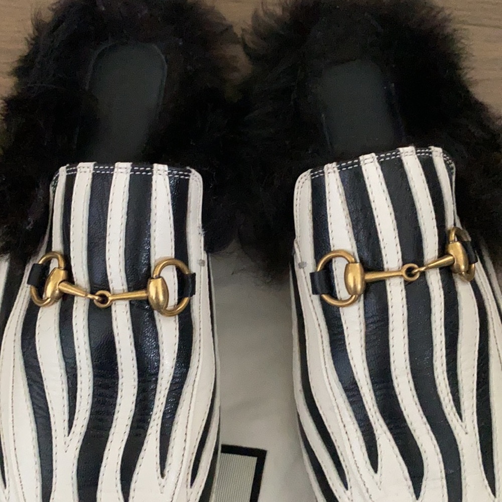 Gucci Zebra Stripe Mules with Gold Detail - Picture 3 of 8